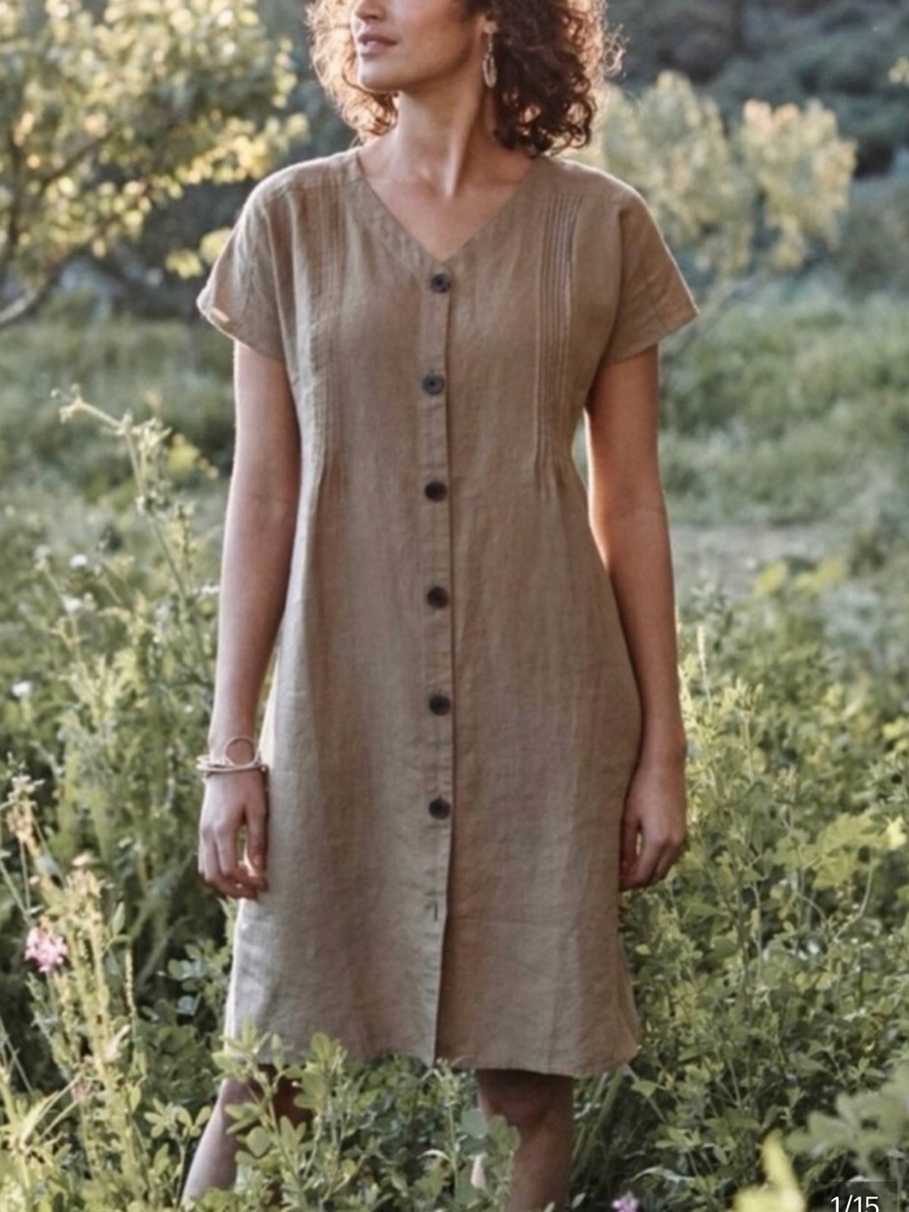 J.Jill Beige Linen Button Front Shift Dress Small Cap Sleeve Love Linen Summer